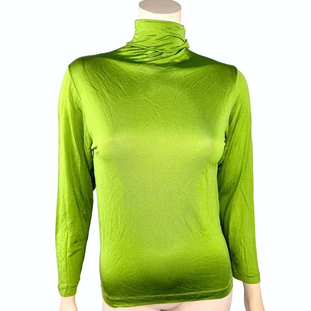 WinterSilks Turtleneck Top Women's L Neon Green 100% Silk Long Sleeve Stretch